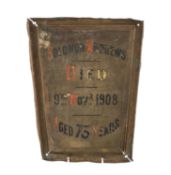 PRESSED COPPER MEMORIAL PLAQUE named to 'Solomon Andrews, died 9th Nov'r 1908, aged 73 years',