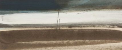 ‡ ROGER CECIL (Welsh 1942-2015) mixed media on paper - empty landscape with telegraph poles and
