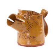 MODERN REPRODUCTION EWENNY-STYLE 'Y MOCHYN' ZOOMORPHIC JUG, sgraffito decorated mustard glaze,