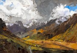 ‡ DAVID GROSVENOR (b.1956) oil on canvas - entitled verso, 'Nant Ffrancon' on Ffin-y-Parc Gallery