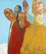 ‡ ELFYN JONES (Welsh b.1939) oil on canvas - entitled verso, 'The Searchers', signed verso, 71 x