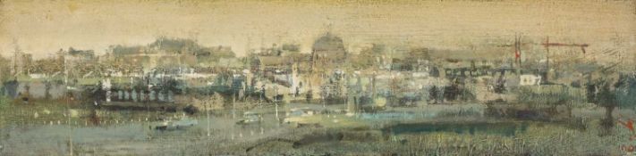 ‡ ANDREW DOUGLAS-FORBES (Welsh b.1967) oil on board - Swansea town from the marina, signed, 13 x