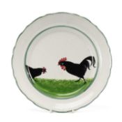 LLANELLY POTTERY PLATE circa 1910, painted by Samuel Shufflebotham with black cock and hen on a