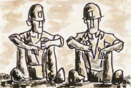 ‡ KARL DAVIES (Welsh b.1971) ink and watercolour - two seated miners, signed with initials, 13 x