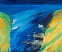 ‡ MEGAN HOPCYN JONES (Welsh 1936-2018) oil on board - entitled verso, 'Inlet 3' from the series, '