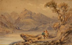 DAVID COX (1783-1859) watercolour - landscape with figures in Welsh costume, signed, 16 x 26cms