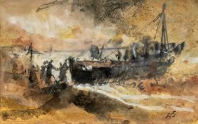 ‡ WILLIAM SELWYN (Welsh b. 1933) mixed media - beaching a boat, signed with initials, 9 x 14cms