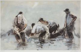 ‡ WILLIAM SELWYN (Welsh b. 1933) limited edition (277/500) print - fisherman collecting fishing