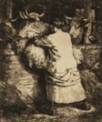 ‡ CHARLES FREDERICK TUNNICLIFFE (1901-1979) etching - entitled verso, 'Feeding Cattle' on Welsh Arts