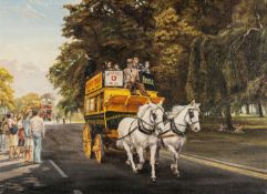 MARGARET STELLA WHATLEY (20th C.) acrylic on canvas - S. Andrews & Son horse-drawn Bus in a city