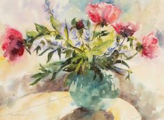 ‡ DAVID GROSVENOR (b.1956) watercolour - entitled verso, 'Pink Peonies, Camassia and Soloman's