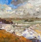 ‡ DAVID GROSVENOR (b.1956) oil on canvas - entitled verso, 'Porth Cwyfan, Anglesey' on Ffin-y-Parc