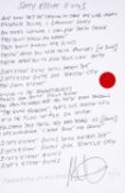 MIKE PETERS MBE (1959-2025) hand-written lyrics for the song '68 Guns', signed, 29 x 19cms,