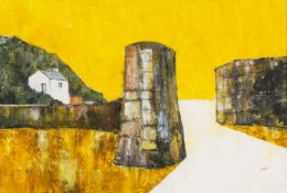 ‡ LESLIE OWEN THOMAS mixed media - a sea wall with harbour, signed, 42 x 62cms Provenance: private
