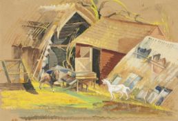 ‡ RAY HOWARD-JONES (1903-1996) gouache - entitled verso, 'Goats in Suffolk Farmyard' on Rocket