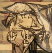 ‡ ERIC MALTHOUSE (1914-1997) ink and watercolour - figure standing under a kitte of pigeons, signed,