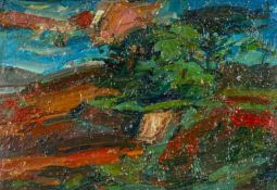 ‡ SELWYN JONES (Welsh 1928-1998) oil on canvas - entitled verso, 'Lleiniog', (striped), signed