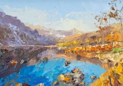 ‡ DAVID GROSVENOR (b.1956) oil on canvas - entitled verso, 'Llyn Gwynant', signed verso, 12 x