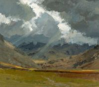 ‡ DAVID WOODFORD (b. 1938) oil on board - entitled verso 'Blustery, Nant Ffrancon', signed, 19 x
