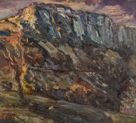 ‡ DAVID LLOYD GRIFFITH (Welsh b. 1956) oil on board - entitled verso 'Dusk - Craig y Forwyn,