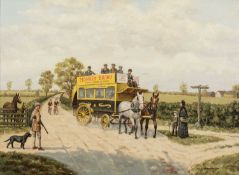 ‡ ARNOLD CLARKE SHUTTLEWORTH (1897-1986) oil on canvas - S. Andrews & Son horse-drawn bus in a