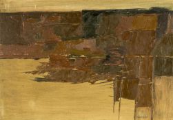 ‡ JOHN WRIGHT (Welsh 1931-2013) oil on board - semi-abstract coastal-scene with cliffs, signed, 45 x