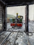 ‡ MATTHEW WOOD (Welsh b.1973) gouache on board - locomotive engine and shed, entitled verso, 'Boston