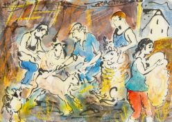 ‡ ROBERT MACDONALD (b.1935) mixed media on torn paper - entitled verso, 'Shearing in the Shed,