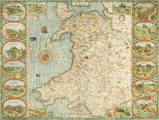 JOHN SPEED antiquarian map of Wales - double engraving of Wales, later coloured, flanked by 12 views