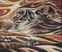 ‡ IOLA EDWARDS (Welsh b. 1987) oil on canvas - entitled verso 'Tua'r Gader' on Oriel Seren label,