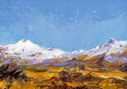 ‡ DAVID GROSVENOR (b.1956) oil on canvas - entitled verso, 'Yr Wyddfa ac Yr Aran' on Ffin-y-Parc