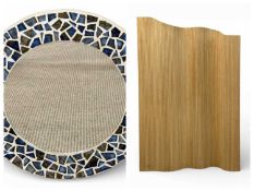 ALVAR AALTO STYLE WOODEN SLATTED SCREEN, 160 (h) x 120cms (w) and a circular mosaic pattern and