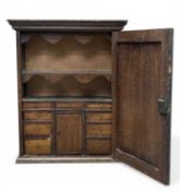 UNUSUAL ANTIQUE INLAID OAK WALL CUPBOARD, having fine fitted interior with multiple drawers, 74 (