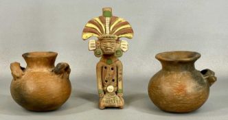 TWO VINTAGE MEXICAN TERRACOTTA VESSELS with animal form handles, 13cms (h), and a Mexican folk art