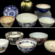 VARIOUS ORIENTAL BOWLS, 26cms (diam.) the larger, and a drip glazed ceramic ginger jar and cover,