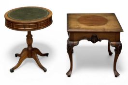 REPRODUCTION DRUM-TYPE TABLE, with two drawers and a tooled top, 58 (h) x 50cms (diam.); and a