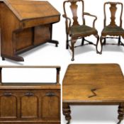 VICTORIAN OAK & BURR OAK DINING FURNITURE, to include five-leg wind-out table with winder and