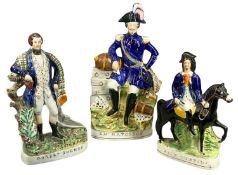 THREE 19TH CENTURY STAFFORDSHIRE FLAT-BACK FIGURES, Napoleon, 40cms (h); Dick Turpin, 30cms (h); and