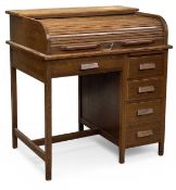 20TH CENTURY OAK TAMBOUR / ROLL-TOP SINGLE PEDESTAL DESK, 99 (h) x 92 (w) x 68cms (d) Provenance: