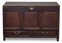 VINTAGE STAINED PINE MULE CHEST, with three fielded panels over two base drawers, 77 (h) x 119 (w) x