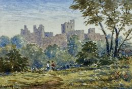 BRITISH SCHOOL watercolour - figures standing before castle, monogrammed J.W.G. lower left, 5 x 6cms