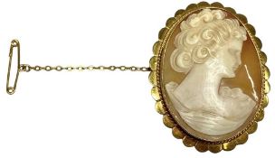 OVAL CAMEO PORTRAIT BROOCH, in 9ct gold mount, with safety chain, 42 x 32mms, 8.7g gross Provenance: