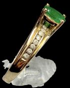 9CT GOLD RING, with centre oval green stone and clear stones to shoulders, size P, 2.8g