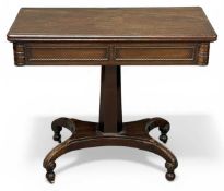 EDWARDIAN MAHOGANY FOLD-OVER TEA TABLE, on octagonal column and four-footed base, 75 (h) x 91 (w)