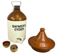 LARGE STONEWARE FLAGON, Gaymer's Cyder, with tap, 42cms (h); Royal Doulton stoneware match striker