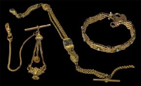 GILT METAL JEWELLERY, two ornate ladies' fob chains with T-bar, and a gate bracelet set with