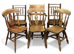 THREE 19TH CENTURY FARMHOUSE CHAIRS, having pierced splat and rail backs, solid seats, 88 (h) x