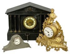 VICTORIAN BLACK SLATE MANTEL CLOCK, of architectural design, with Corinthian pillars, 32cms (h);