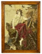 VICTORIAN WOOL & BEADWORK PICTURE of a Classical female with harp, in period maple frame, 58 x 44cms