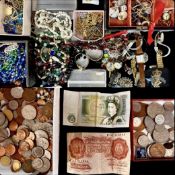 ASSORTED COSTUME JEWELLERY, COINS & WRISTWATCHES Provenance: private collection Denbighshire